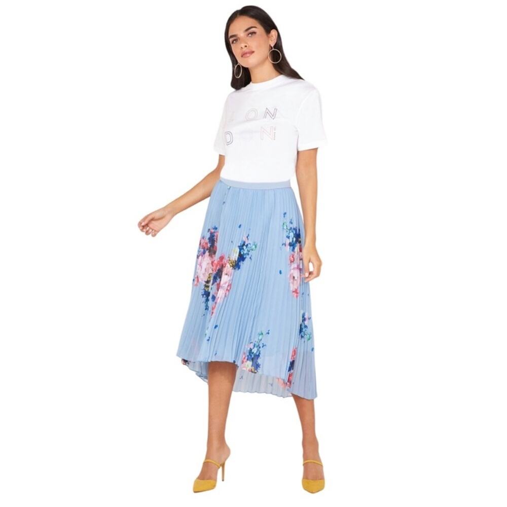 TED BAKER Harrpa Raspberry Ripple Pleated High Low Midi Skirt Blue Sz 2 (US 6)